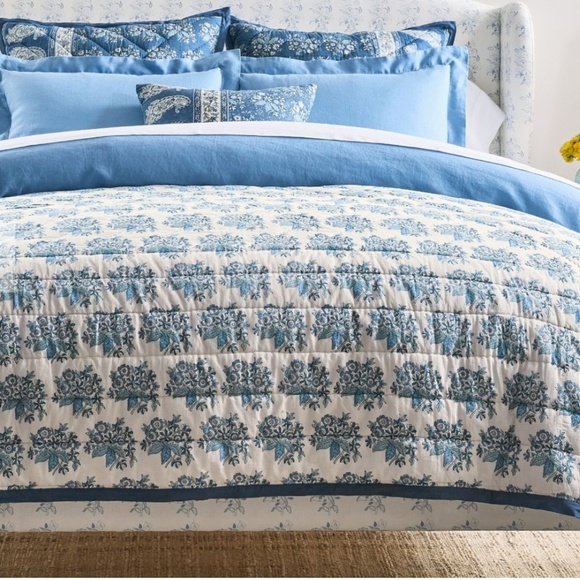 NWT Pottery Barn Regan Blockprint Blue Reversible Full/Queen Quilt AND 2 Shams - Picture 2 of 11